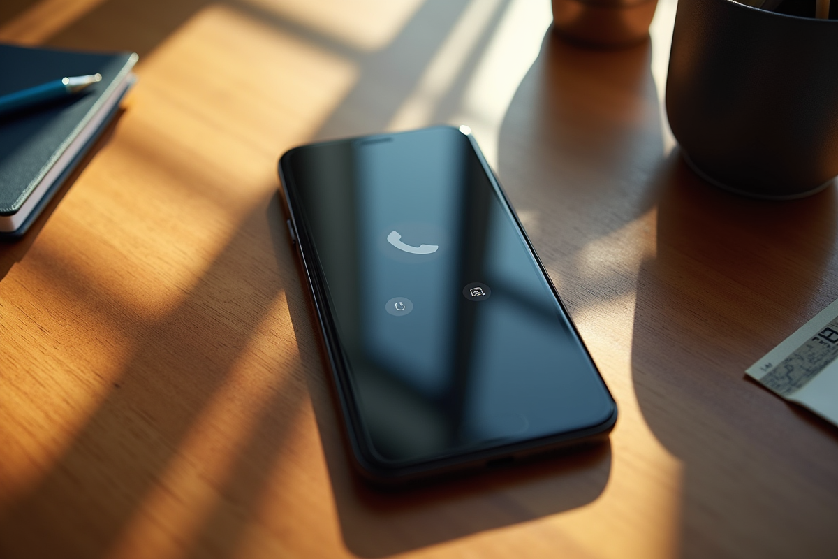 Smartphone sur une table en bois avec accessoires et appel inconnu