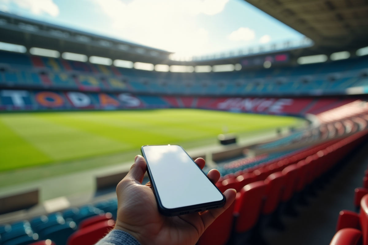 Stade vide avec smartphone affichant forum sportif en ligne