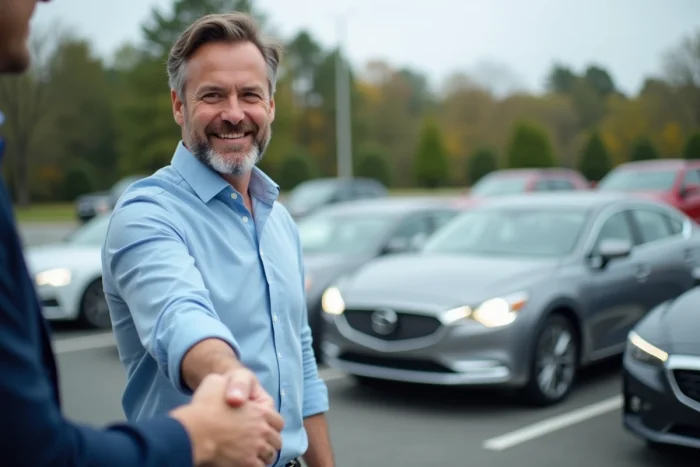 Homme signant un accord lors de la vente d'une voiture devant un concessionnaire automobile